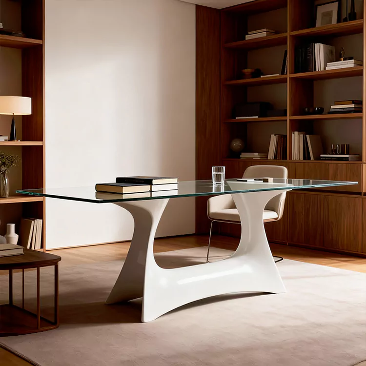 FRP Dining Set with Sculptural Base and Glass Top