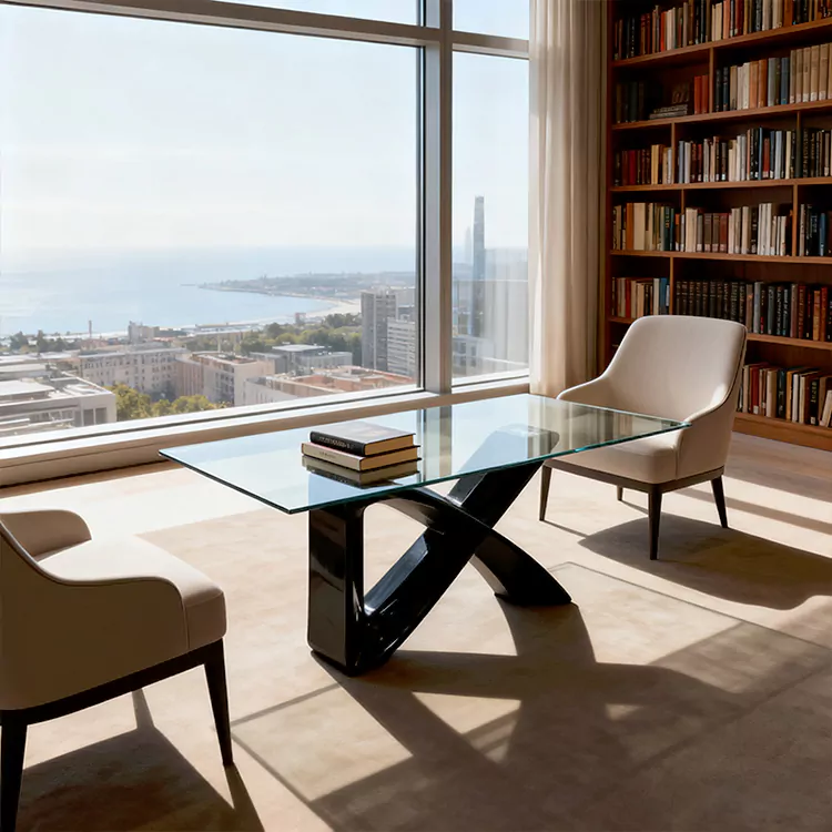 Moderne glazen terrastafel met GVK gebogen X-basis